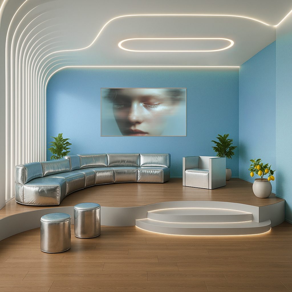 VIVI Interior – Lounge mit silbernem Sofa und blauer Wand